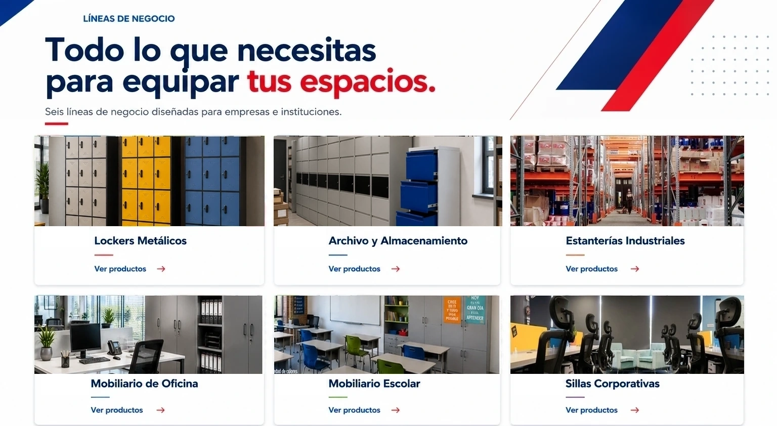 Lockers metálicos, archivo y almacenamiento, estanterías industriales, mobiliario de oficina, escolar y sillas corporativas